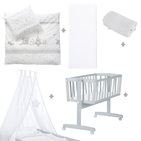 Complete Cradle Set 'Star Magic', 40 x 90 cm, Taupe, Locking Knob, Including Brake Roller Set