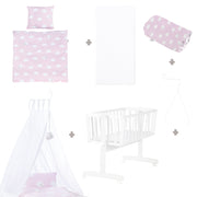 Ensemble berceau complet "Kleine Wolke rosa", 40 x 90 cm, blanc, fonction de verrouillage, incl. accessoires