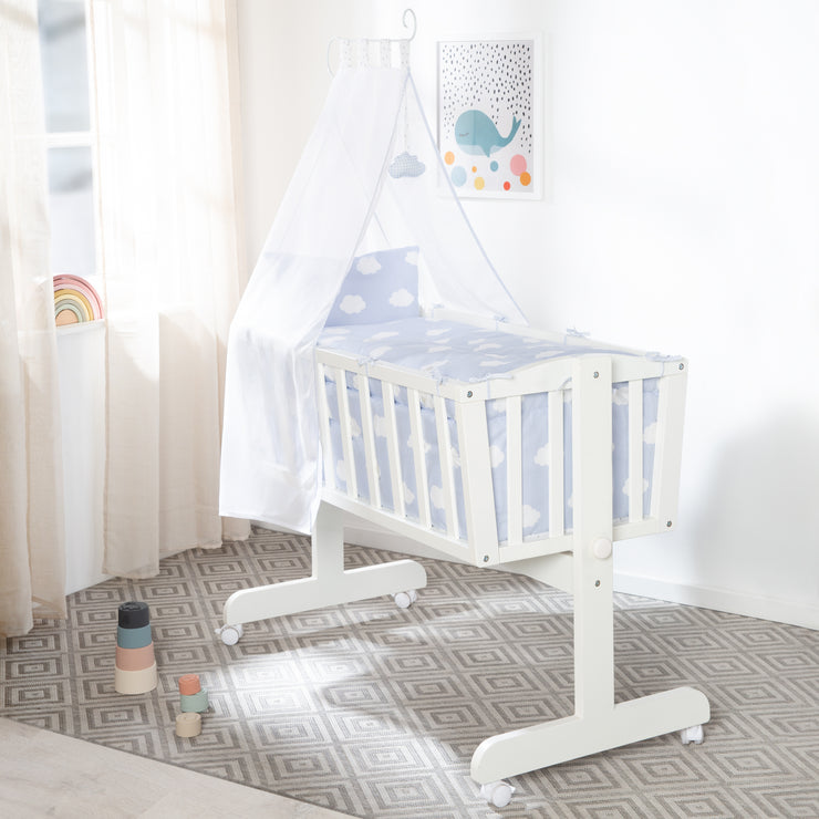 Set culla completo "Little Cloud Blue", 40 x 90 cm, bianco, funzione di blocco, attrezzatura inclusa