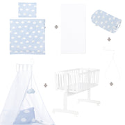 Set culla completo "Little Cloud Blue", 40 x 90 cm, bianco, funzione di blocco, attrezzatura inclusa