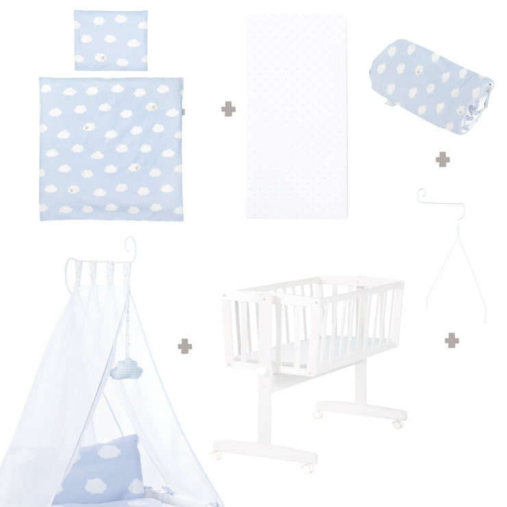 Set culla completo "Little Cloud Blue", 40 x 90 cm, bianco, funzione di blocco, attrezzatura inclusa