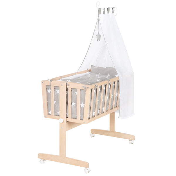 Cuna mecedora para bebé de madera de haya con ropa de cuna, chichonera y dosel en el diseño «Little Stars»