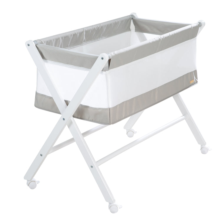 Lit d'enfant pliable en toile et mesh, avec roulettes et matelas, blanc-gris