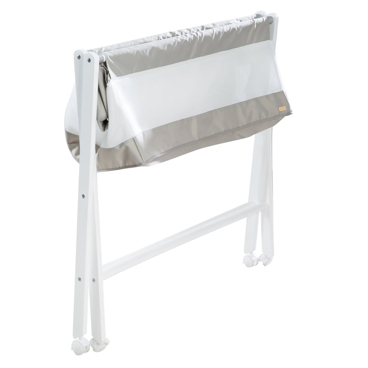 Lit d'enfant pliable en toile et mesh, avec roulettes et matelas, blanc-gris