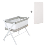 Lit d'enfant pliable en toile et mesh, avec roulettes et matelas, blanc-gris