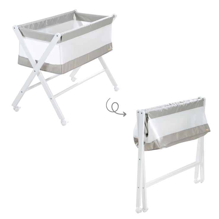 Lit d'enfant pliable en toile et mesh, avec roulettes et matelas, blanc-gris