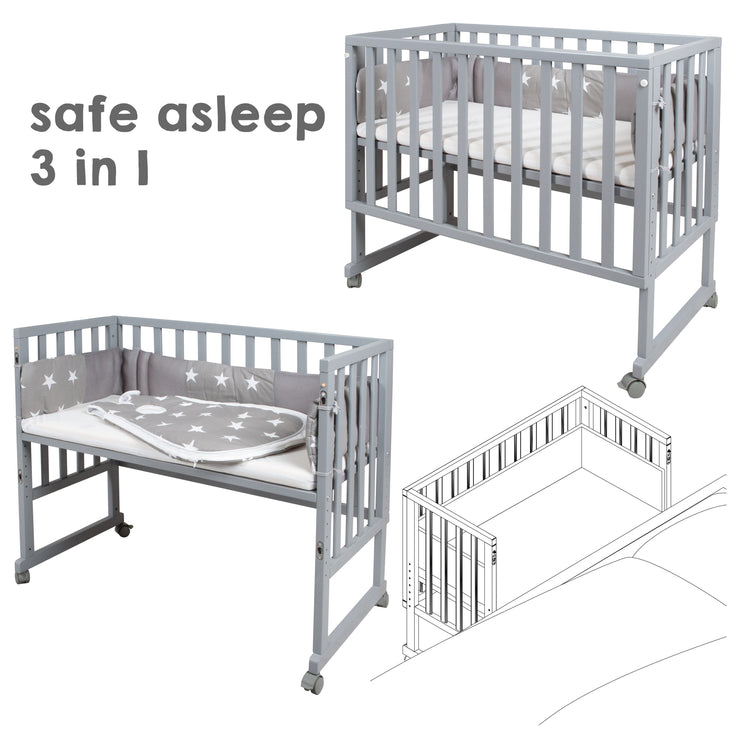 Stub bed 'Safe Asleep®' 3 in 1, 'Little Stars', side bed gray, baby bed & bench, with accessories