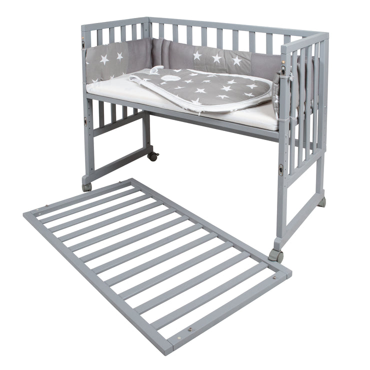 Stub bed 'Safe Asleep®' 3 in 1, 'Little Stars', side bed gray, baby bed & bench, with accessories