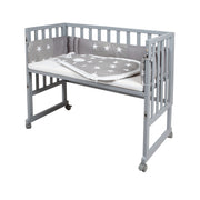 Stub bed 'Safe Asleep®' 3 in 1, 'Little Stars', side bed gray, baby bed & bench, with accessories