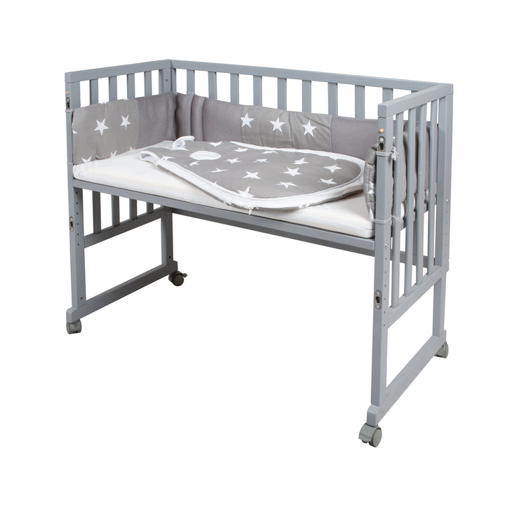 Stub bed 'Safe Asleep®' 3 in 1, 'Little Stars', side bed gray, baby bed & bench, with accessories