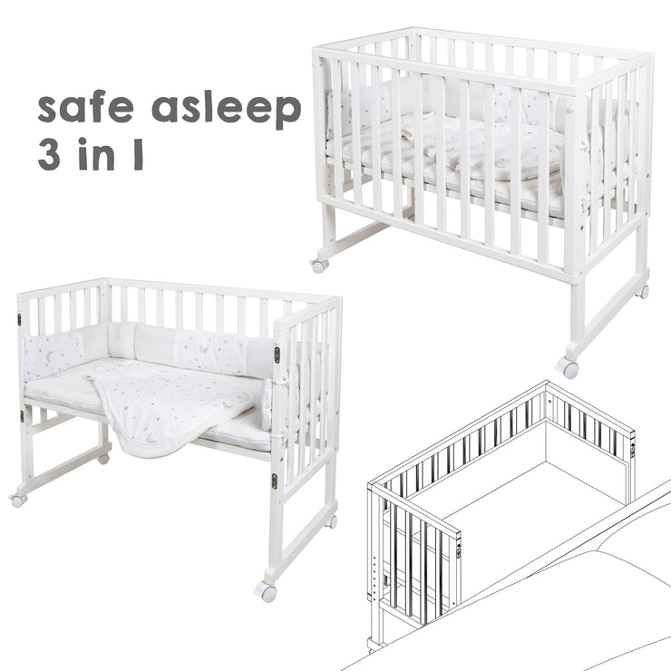 Stubenbett 'safe asleep®' 3 en 1, 'Star magic', extra bed white, baby cot & bench, incl.