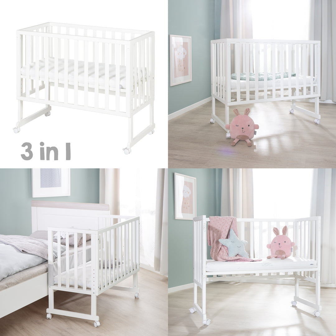 Berceau et lit cododo 3en1 avec barrière + matelas - bois blanc