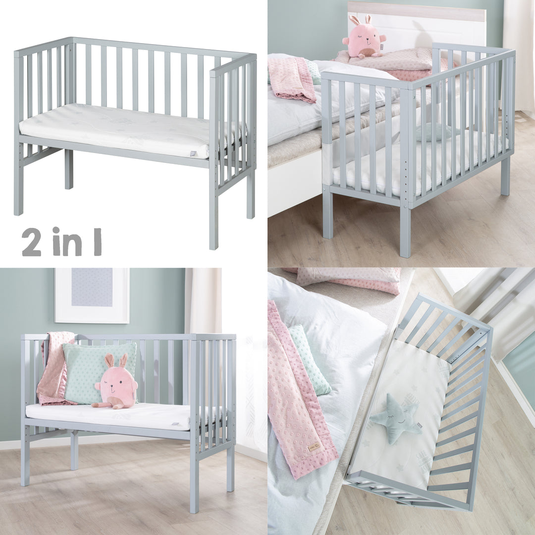 Co-Sleeping Bed 2in1 'safe asleep®' with Barrier Mattress For All Parent Bed Heights Taupe Wood