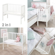 Co-sleeping cot 2in1 with barrier & mattress - For all parent bed heights - White wood