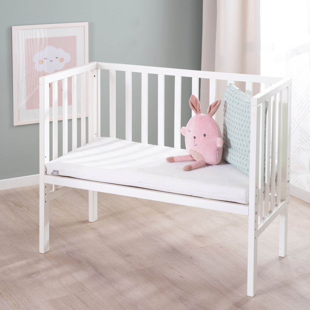 Co-Sleeping Bed 2in1 'safe asleep®' with Barrier Mattress For All Parent Bed Heights White Wood