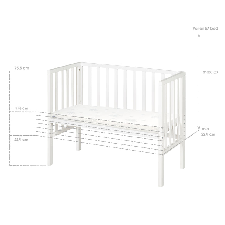 Beistellbett 2in1 'safe asleep®' mit Barriere & Matratze - für alle Elternbetthöhen - Holz weiß
