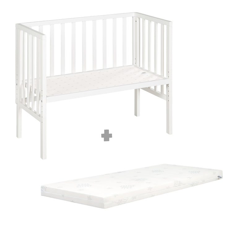 Cuna colecho 2en1 con barrera y colchón - Para todas las alturas de cama de los padres - Madera blanca