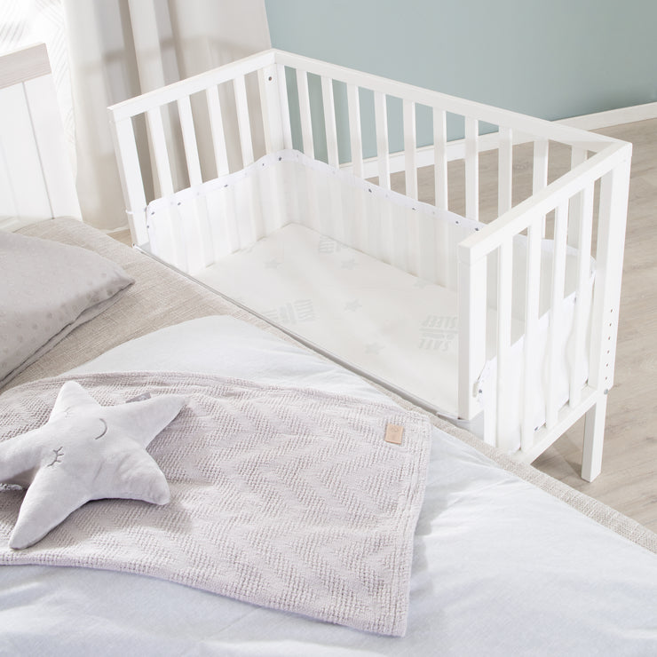 2 in 1 safe asleep® Bedside Crib 45 x 90 cm with Mattress + Canvas Barrier - White Wooden