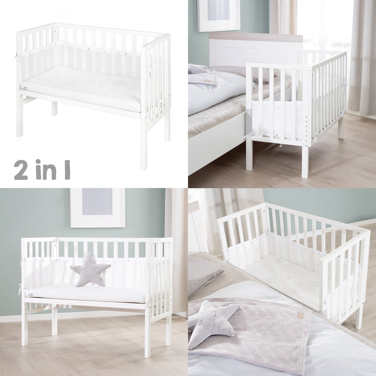 Lit latéral 2 en 1 en toute sécurité® 45 x 90 cm avec matelas + barrière en toile - Blanc en bois