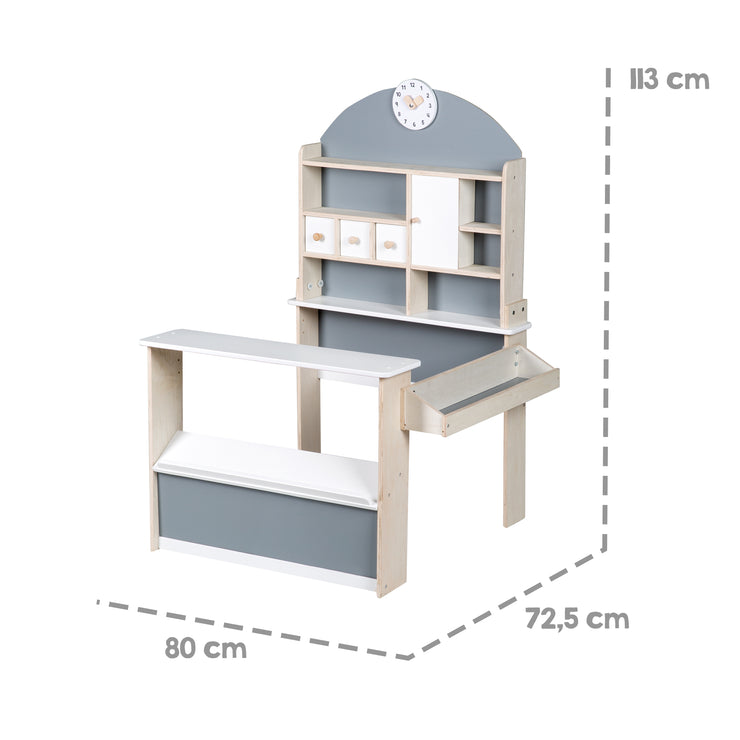 Negozio di legno per bambini, stand di vendita con bancone e bancone laterale