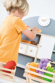 Kaufladen für Kinder, Kaufmannsladen aus Holz, Verkaufsstand mit Theke und Seitentheke