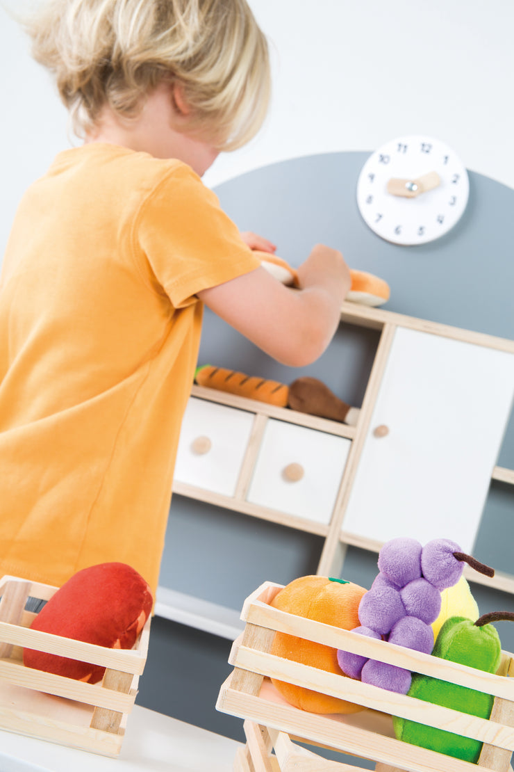 Kaufladen für Kinder, Kaufmannsladen aus Holz, Verkaufsstand mit Theke und Seitentheke