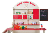 Shop 'Aunt Emma', natural wood, with counter, blackboard, side counter & market stand printed