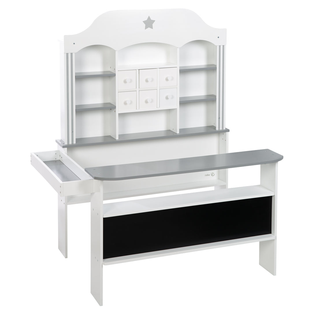 Candyshop blanc, avec accents gris, tiroirs, comptoir latéral et frontal