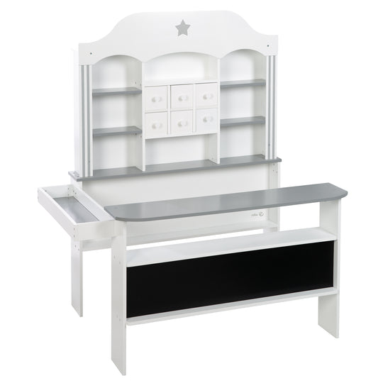 Candyshop blanc, avec accents gris, tiroirs, comptoir latéral et frontal