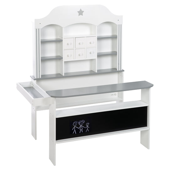 Candyshop blanc, avec accents gris, tiroirs, comptoir latéral et frontal