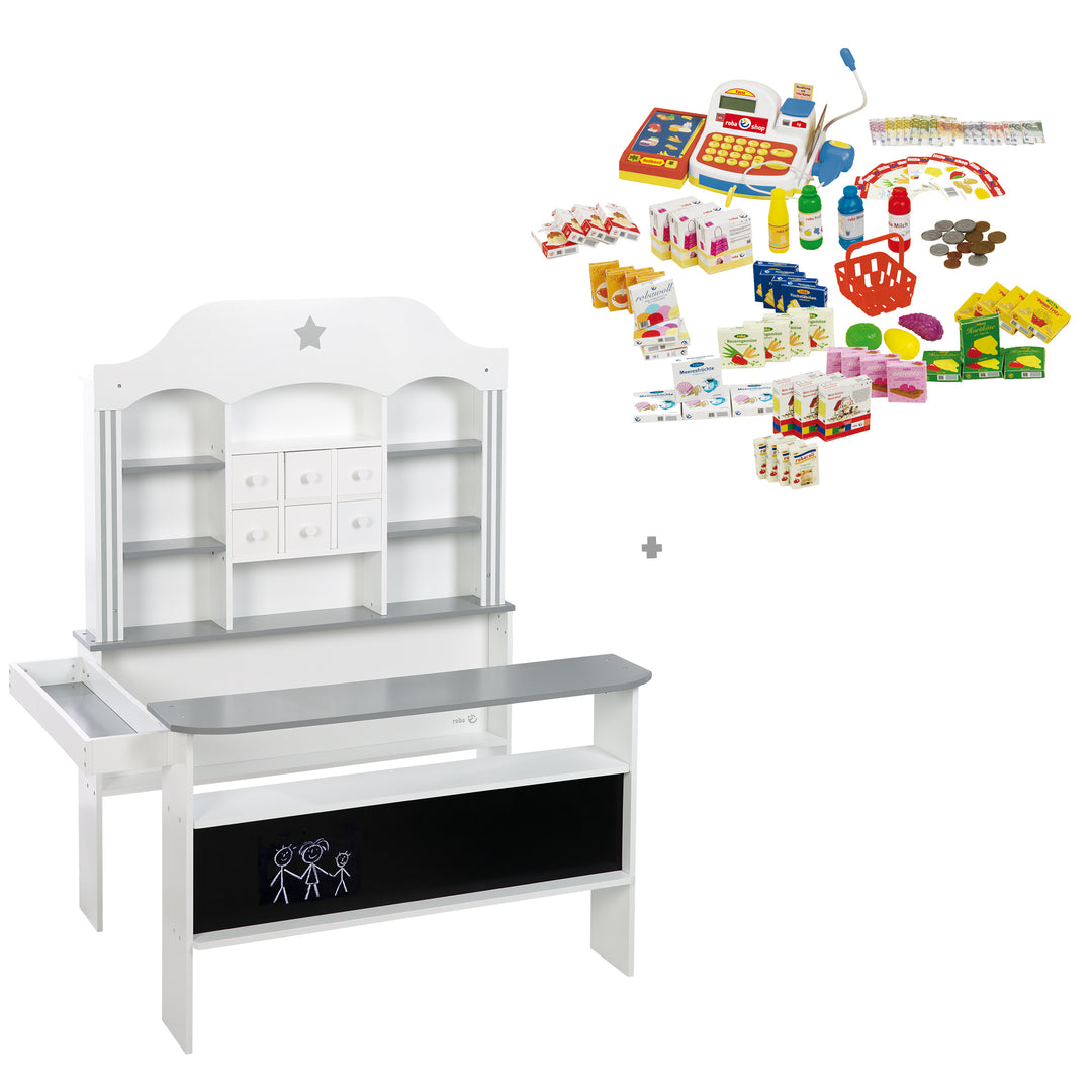 Candyshop blanc, avec accents gris, tiroirs, comptoir latéral et frontal