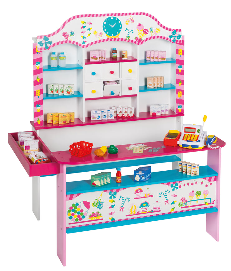 Shop 'Candy-Shop', 6 drawers, clock, counter, side counter, checkout & shop accessories