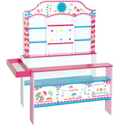 Candyshop in den Farben weiß, türkis, rosa inklusive Schubladen, Uhr, Theke, Seitentheke, Kasse & Kaufladenzubehör zum Spielen
