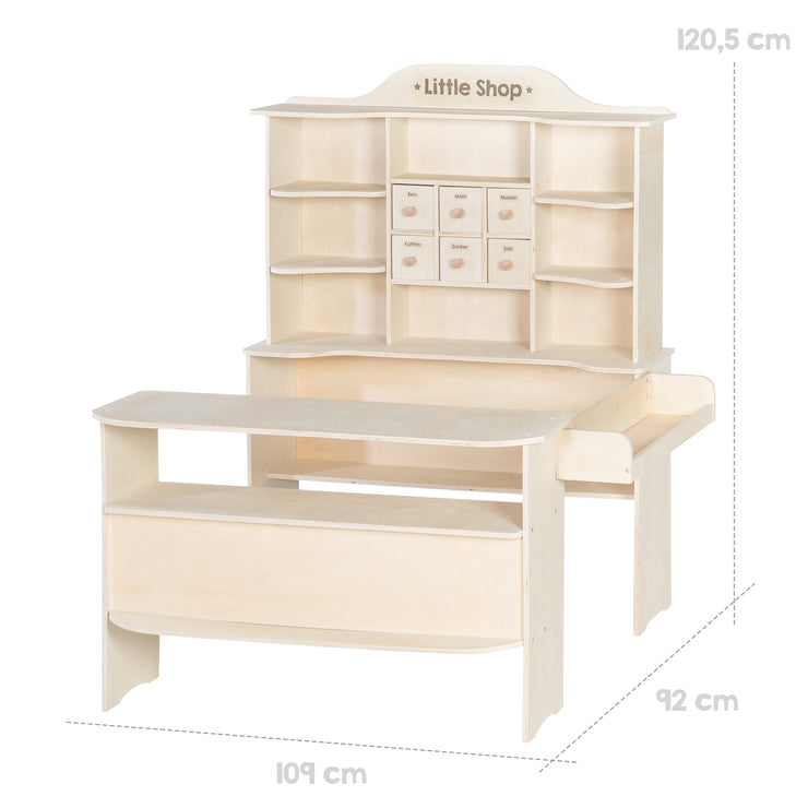 Kaufladen, großer Kaufmannsladen, Holz natur, Verkaufsstand 6 Schubladen, Theke, Seitentheke
