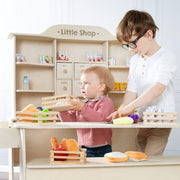 Épicerie, grand stand de vente, bois naturel, 6 tiroirs, comptoir et comptoir latéral