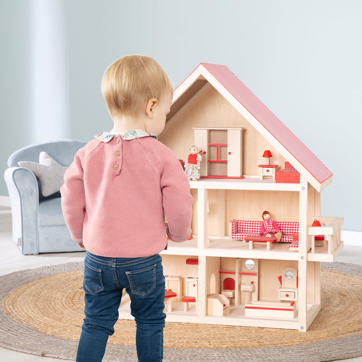 Maison de poupée, villa de poupée incl. meubles et poupées, jouets pour filles, bois naturel