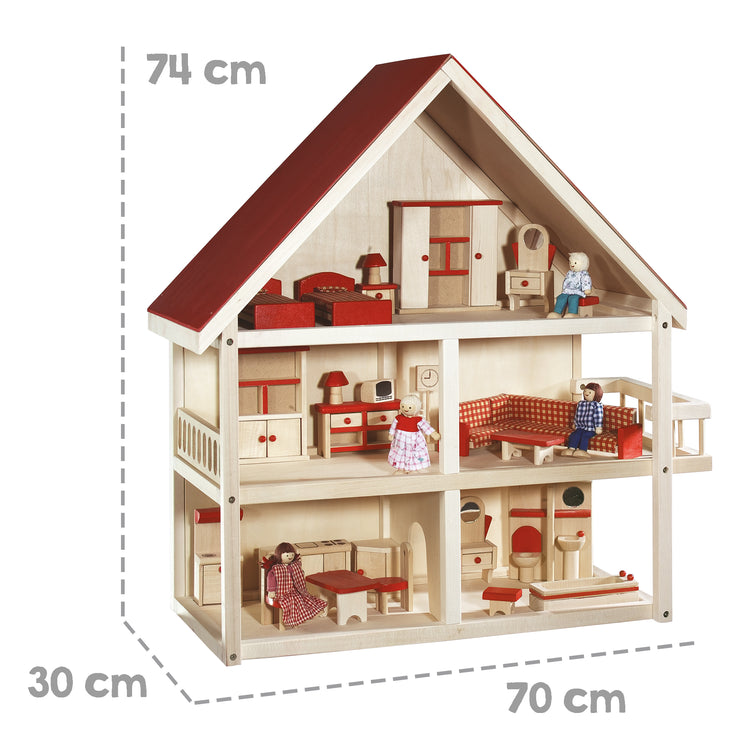 Puppenhaus inkl. Möbel & Puppen, Mädchen-Spielzeug aus Holz natur