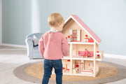 Puppenhaus inkl. Möbel & Puppen, Mädchen-Spielzeug aus Holz natur