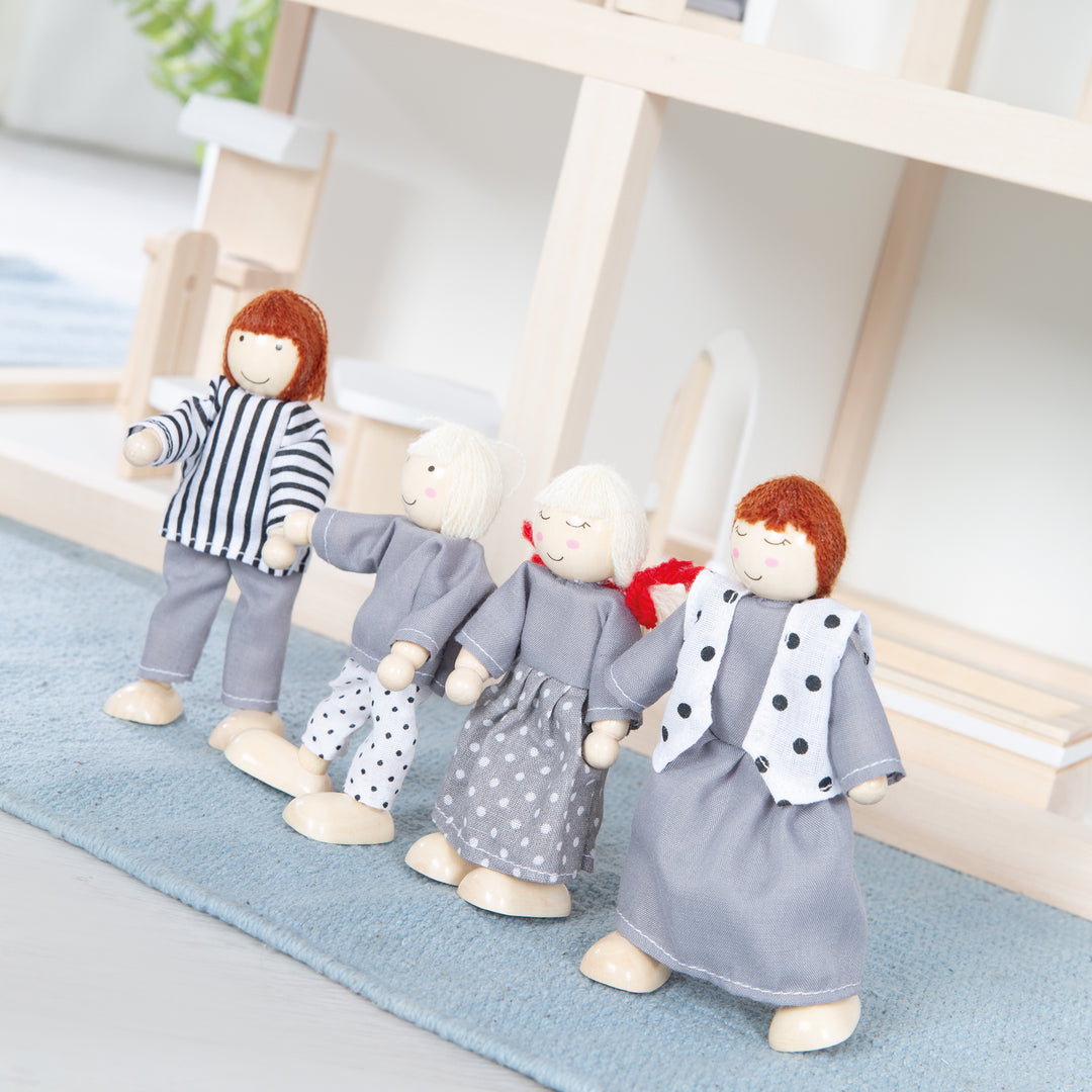 Casa de muñecas con muebles y muñecas, juguete para niñas de madera natural