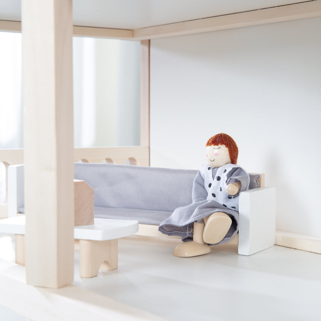 Casa de muñecas con muebles y muñecas, juguete para niñas de madera natural