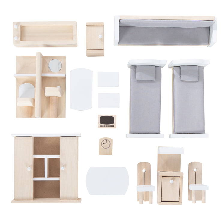 Puppenhaus inkl. Möbel & Puppen, Mädchen-Spielzeug aus Holz natur