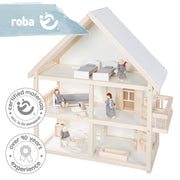 Puppenhaus inkl. Möbel & Puppen, Mädchen-Spielzeug aus Holz natur