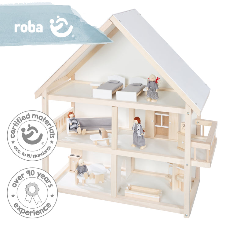Doll house, doll villa incl. Furniture and dolls, girls toys, natural – roba