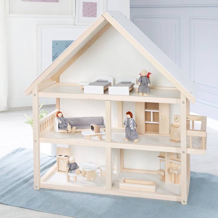 Maison de poupée, villa de poupée incl. meubles et poupées, jouets pour filles, bois naturel