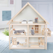 Puppenhaus inkl. Möbel & Puppen, Mädchen-Spielzeug aus Holz natur