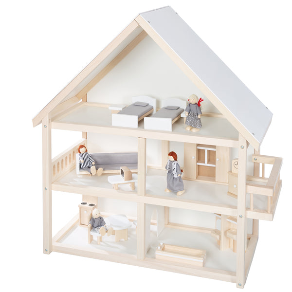Button-Bild Puppenhäuser, Beispiel: Puppenhaus aus Holz natur mit Zubehör