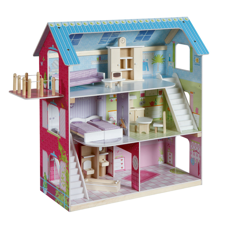 Puppenhaus rosa/blau inkl. 16 Puppenmöbel, liebevoll bedrucktes Spielzeug