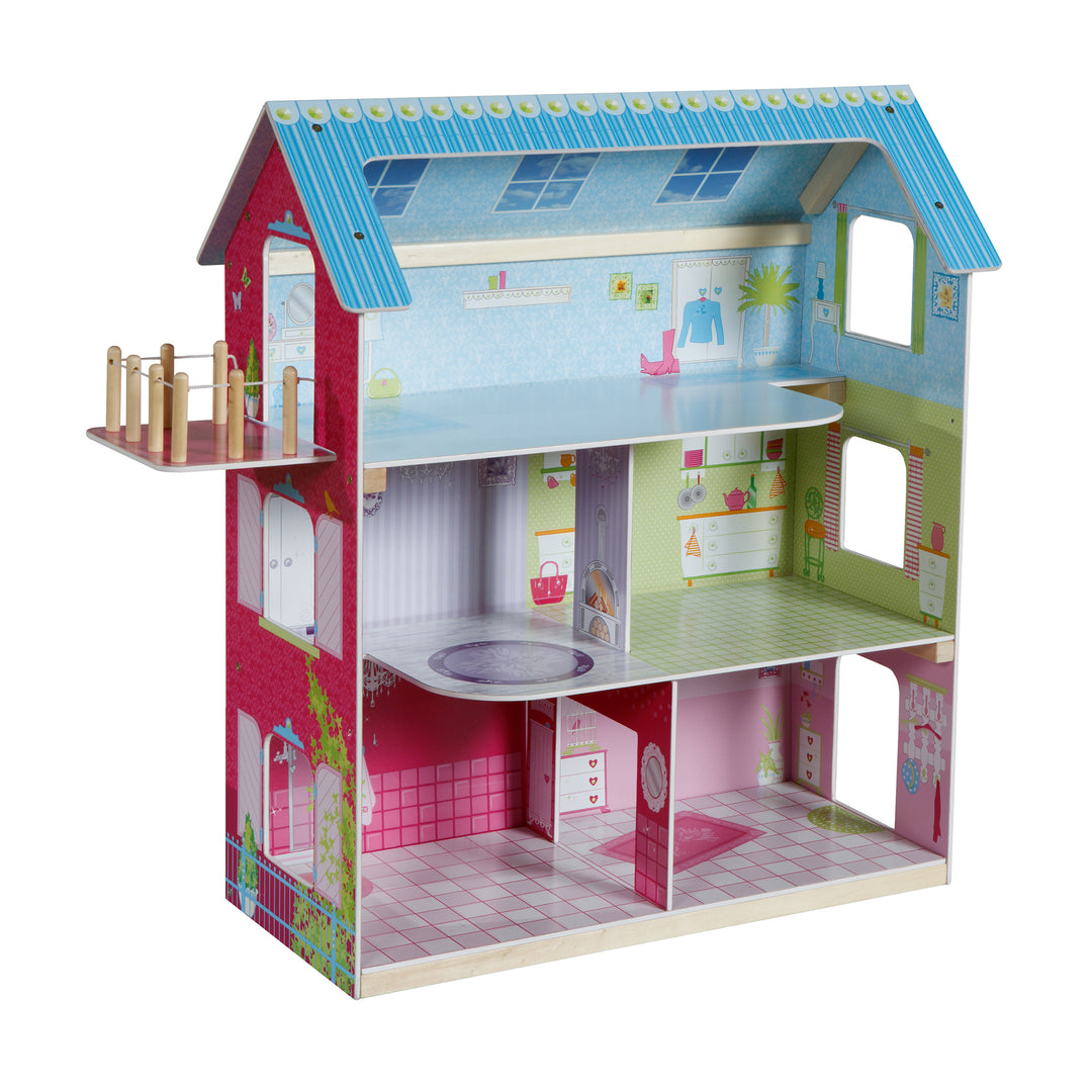 Dollhouse Pink/Blue Including 16 Doll Furniture, Lovingly Printed Toy
