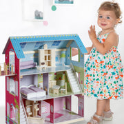 Puppenhaus rosa/blau inkl. 16 Puppenmöbel, liebevoll bedrucktes Spielzeug