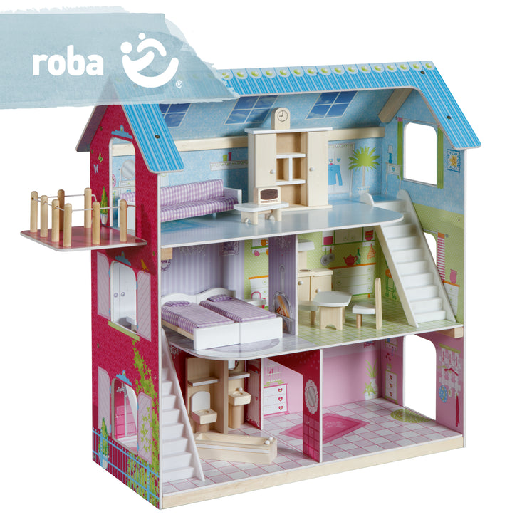 Puppenhaus rosa/blau inkl. 16 Puppenmöbel, liebevoll bedrucktes Spielzeug